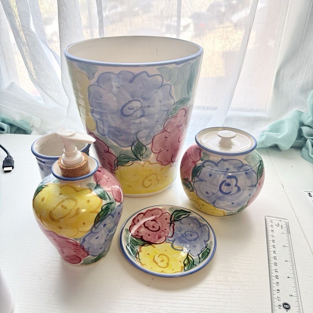 7pc Floral Pastel Bathroom Set, Vase, Soap Dispenser, Dish, Cup, Pot W lid, L4
